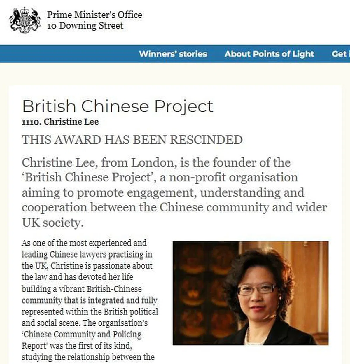 英国首相府官网显示，颁发给李贞驹的“光点奖”已经被取消。（英国首相府唐宁街十号官网截图）
