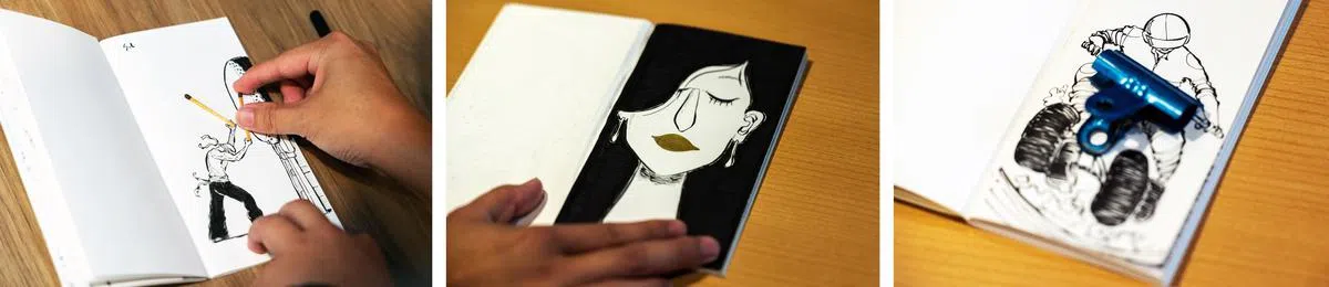 赖俊铭不断地发掘物品的不同模样，以全新视角创作，如火柴能化作打鼓棒（左起）、文件夹成为摩托车的一部分，树叶变成妇女的嘴唇等。