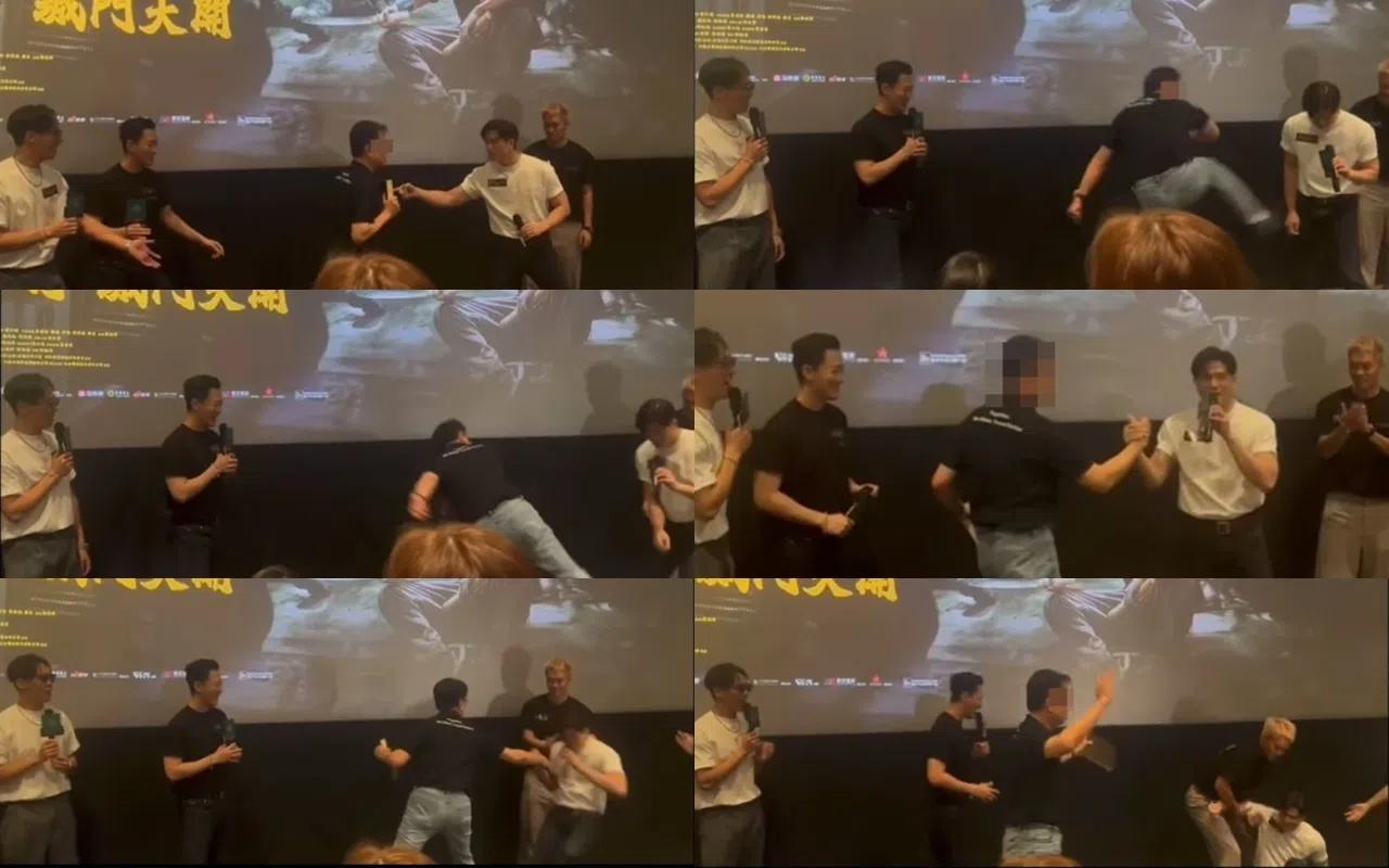 大叔观众被网迷炮轰指他趁伍允龙（图中右二白T恤者）不防偷袭，没有武德，但也有一些网迷觉得可能是大叔看戏太投入所致。（互联网）
