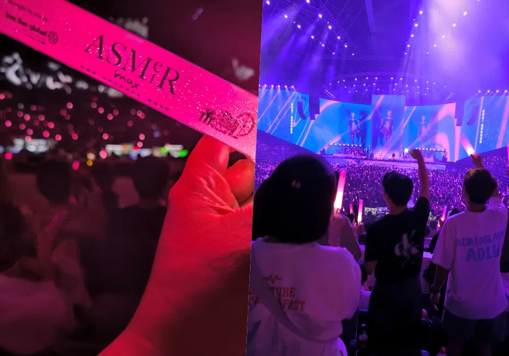 现场歌迷挥动手中粉红荧光棒（左图），最后干脆全场站起来和天后一起飙唱嗨跳，现场气氛很热。（钟雁龄摄）