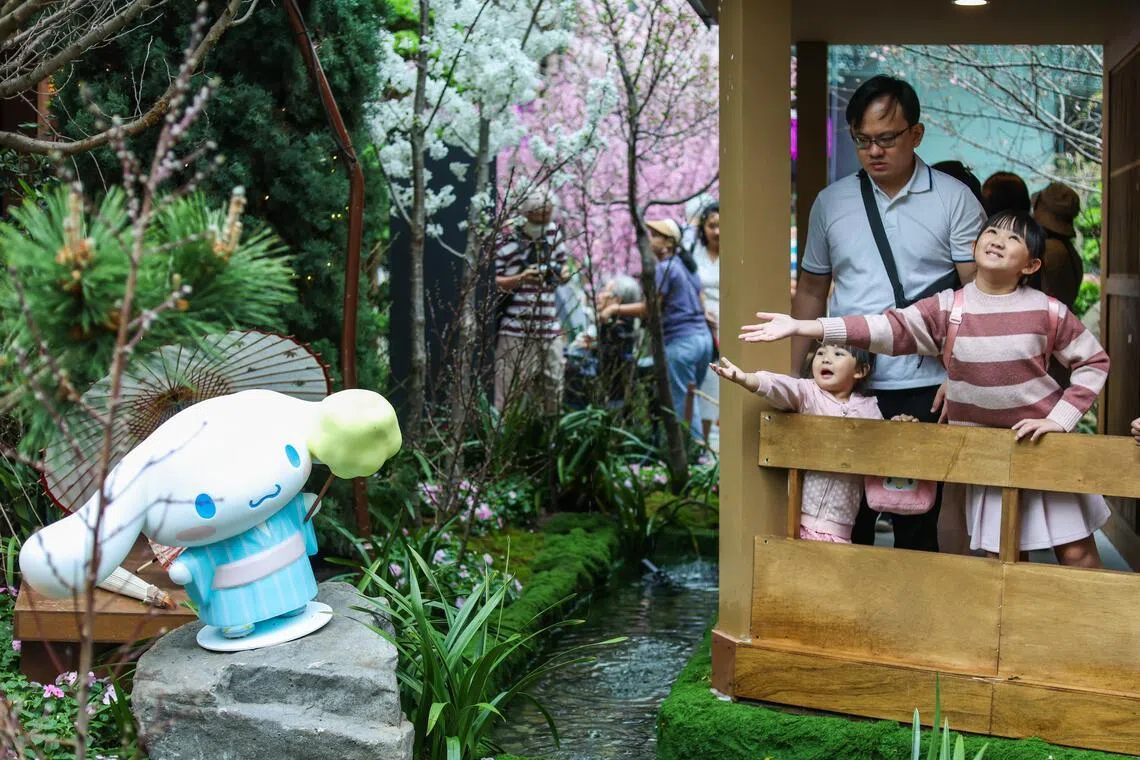 木质武士住宅外，小巧精致的景观溪流蜿蜒而过，接住屋檐滴下的雨水。小溪另一侧，“玉桂狗”等三丽鸥人气角色也吸引着大小朋友们的目光。（白艳琳摄）