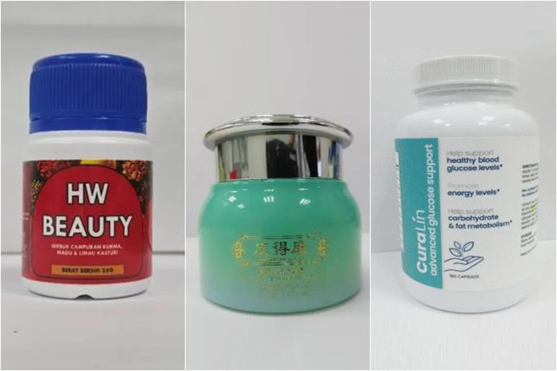 当局从电商和社媒移除的非法产品，包括护发护肤品、抗生素和抗菌产品，以及隐形眼镜等。（卫生科学局提供）