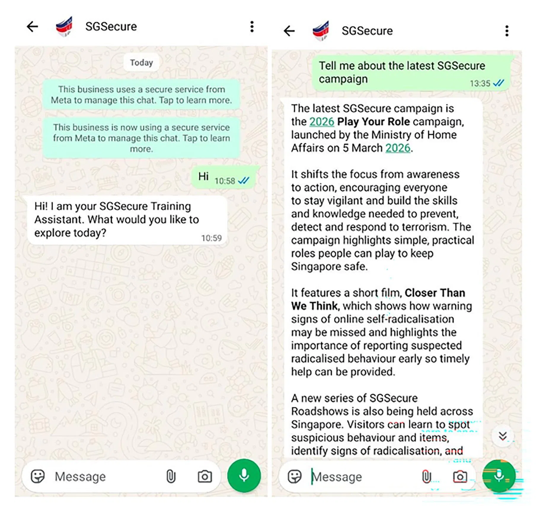 内政部试用一款结合进WhatsApp的人工智能培训聊天机器人，方便SGSecure宣导者随时查阅和咨询有关全国保家安民计划的资源，积累自己的知识。（内政部提供）