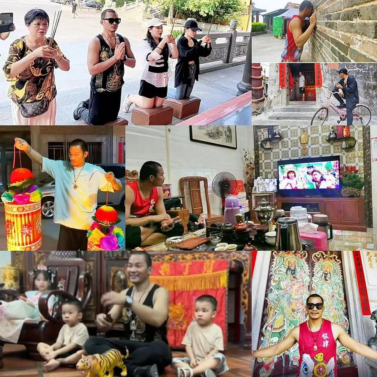 Tony Jaa入乡随俗，祭祖，庆祝中秋，遍游乡里，什么都参与。（视频截图） 
