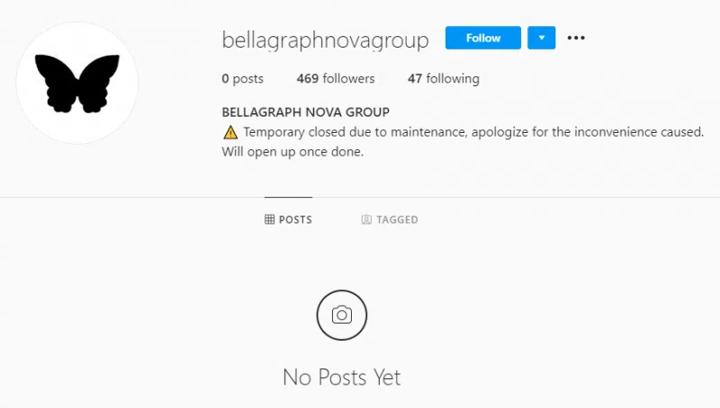 贝拉格夫维新集团的Instagram今天已经清空了所有贴文和照片。（Instagram截图）