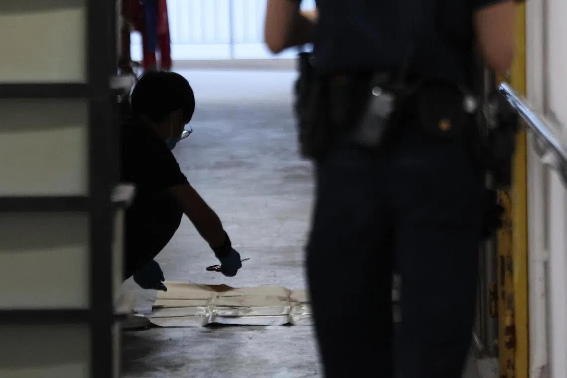 警方从走廊起获一把剪刀，过后还从女子住家里搜出两把剑。（梁麒麟摄）
