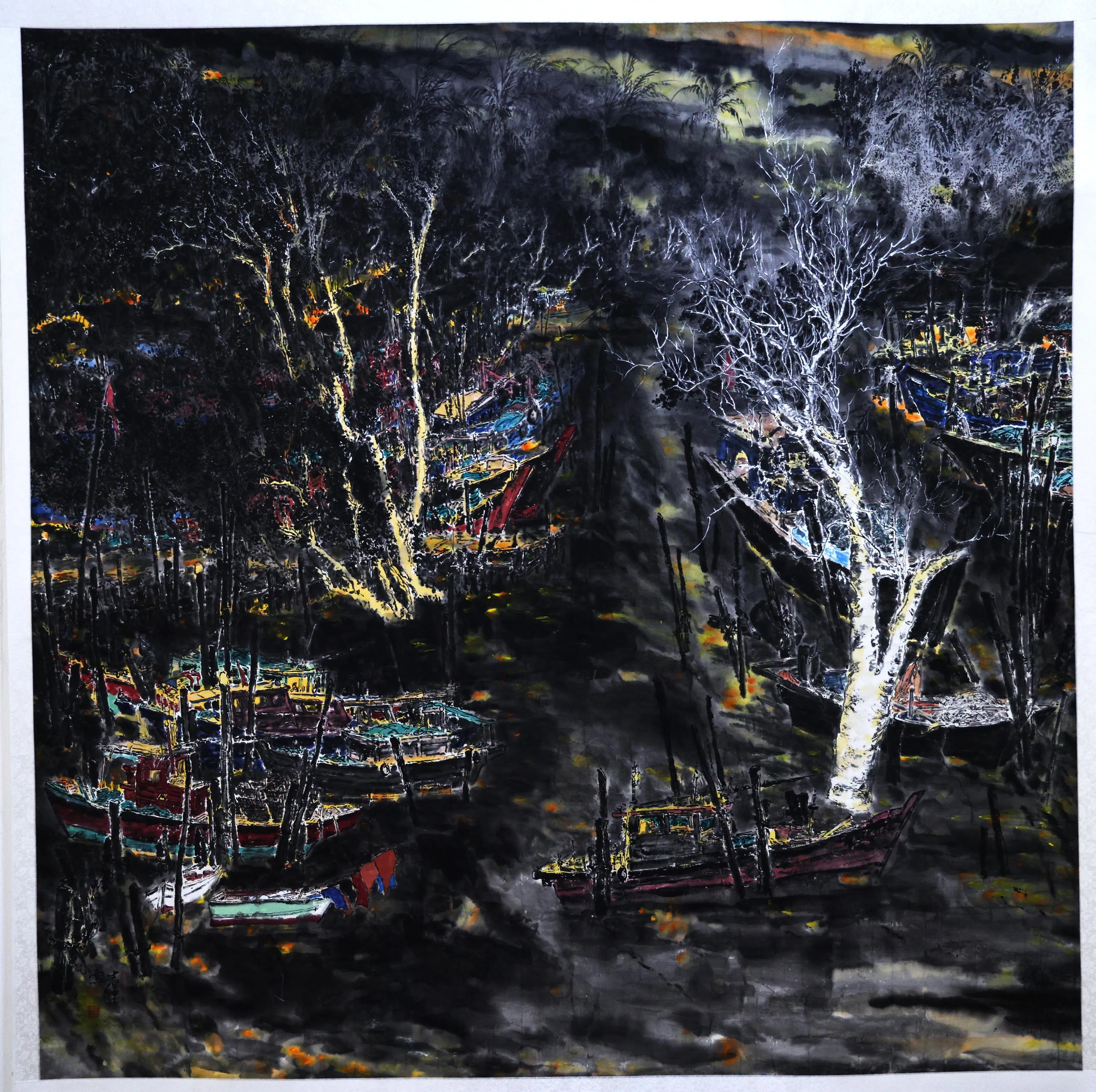 陈士仅水墨画描绘吉兰丹的夜景。（陈渊庄摄）