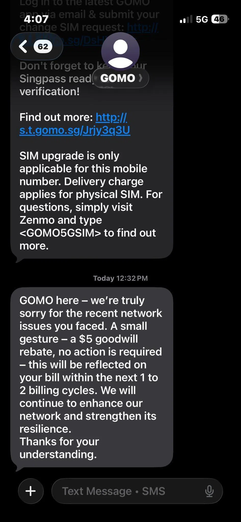 由新电信运营的移动网络运营商Gomo用户，也因网络故障问题获得回扣。（读者提供截图）