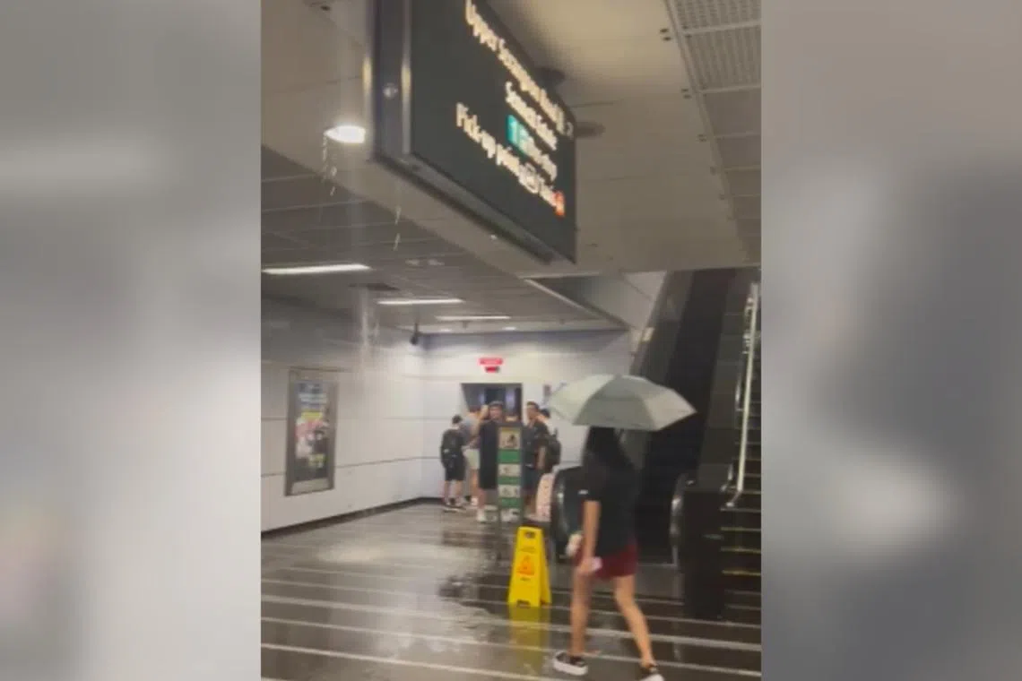 地面上有不少积水，甚至有乘客在站内撑伞。（受访者提供）