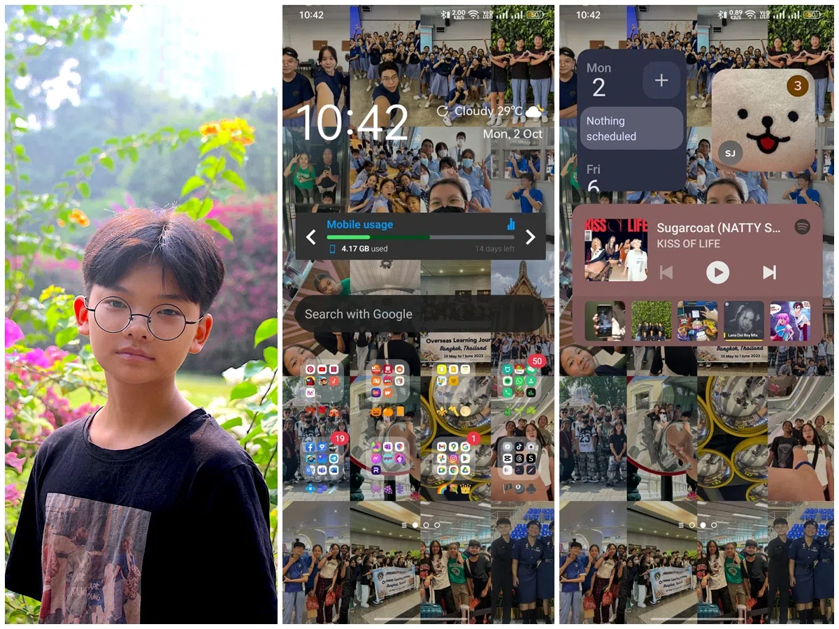 王彬的手机界面色彩缤纷，壁纸是选用他和朋友们组成的“二十宫格拼图”。（受访者提供；左图由摄影通讯员郭一达摄）