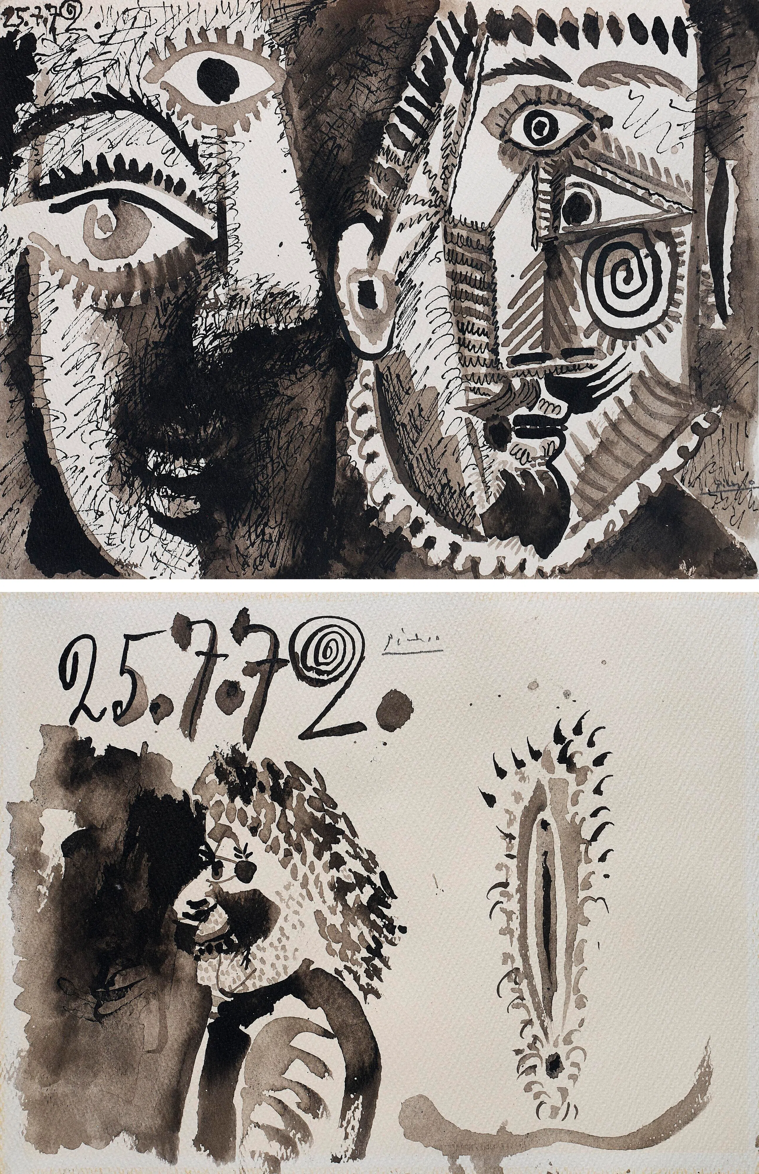 巴勃罗·毕加索纸本作品《双头像；男子半身像与女体》（1972）。（Christie’s提供）