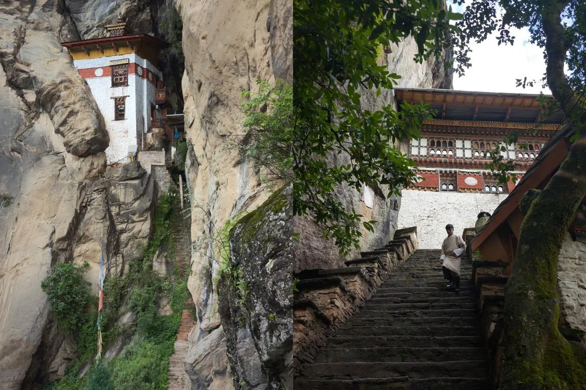 虎穴寺僧人的冥想室（左），常年用于闭关修行，一般不对游客开放。抵达寺庙入口（右）前，需将手机、相机等物品寄存。（陈默汎摄）