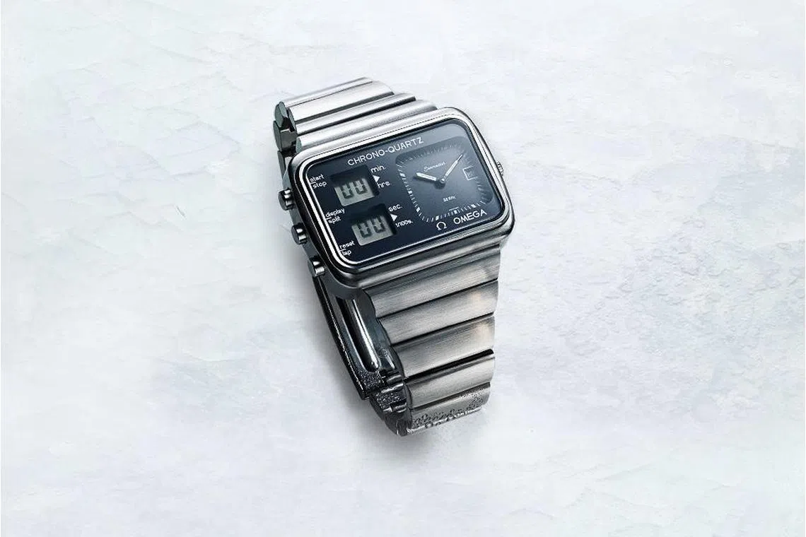 为1976年蒙特利尔奥运会设计的ChronoQuartz，反映当年的电子表狂潮。（欧米茄提供）