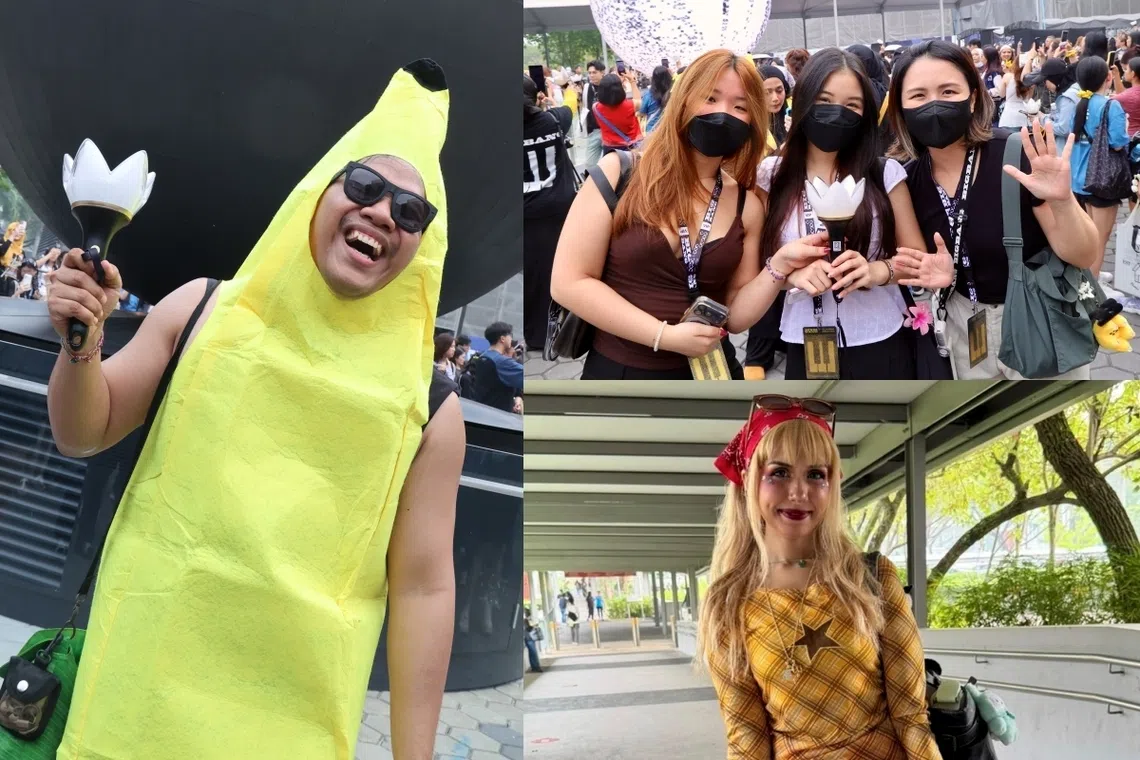 歌迷Krisna（左图）和Salma（右下图）选择不戴口罩，新加坡歌迷黄楷霓（右上图，左起）与表妹则有备而来，双双戴着KF94口罩。（邝启聪、曾慧仪摄）
