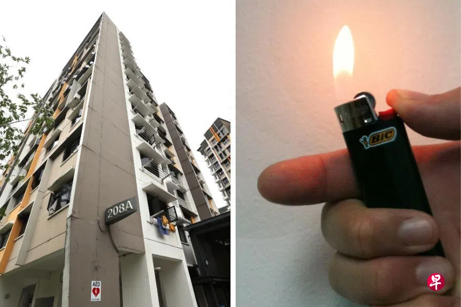 （左图）这起事故发生兀里连道第 208A座的租赁组屋单位。（右图）欧永顺与室友发生争执时，将杀虫剂喷向打火机制造火焰，烧伤对方手部。 （庄耿闻摄、示意图）