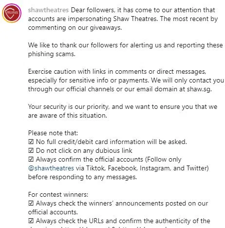 邵氏机构在官方社媒平台上发文提醒公众，小心防范假账号诈骗。（取自邵氏机构IG）