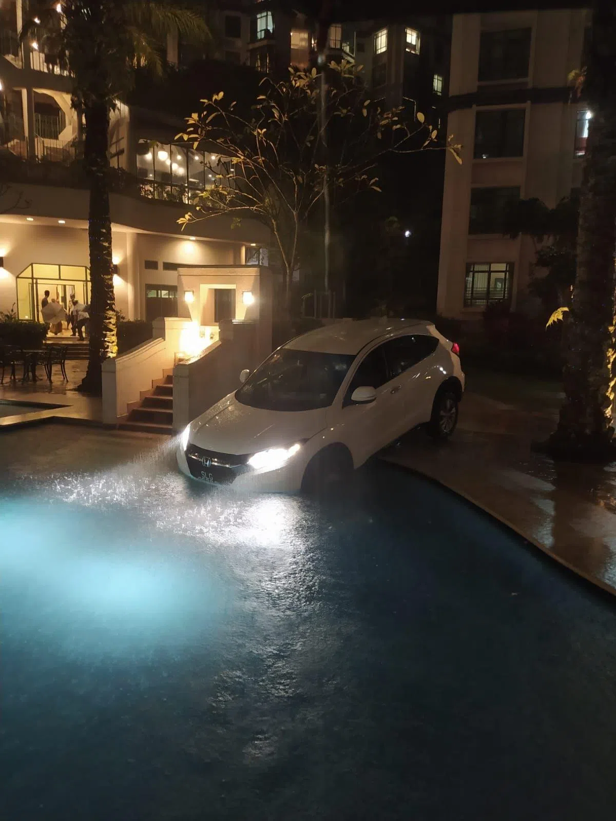 钱德兴把车开进公寓泳池，车身倾斜，前车轮和防撞杠都浸泡在约0.5米深的水中。（档案照片）