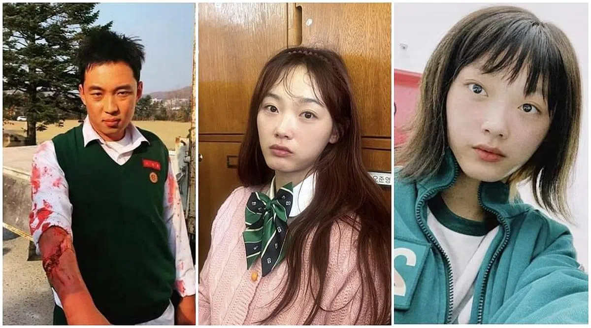 吴熙俊（左）是剧中最年长的演员；另外与高中生角色年纪不符的还有27岁的李瑜美（中），她还曾参与过《鱿鱼游戏》的演出。（图/Netflix）
