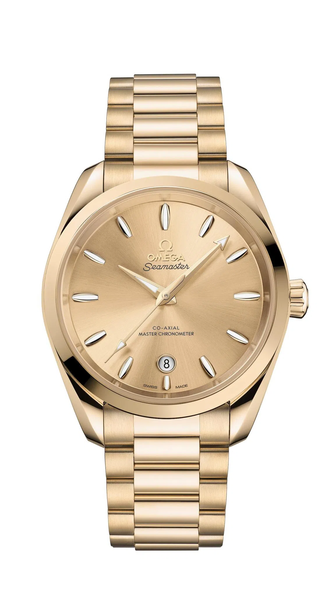 欧米茄Seamaster Aqua Terra系列38毫米Moonshine™金腕表，搭配金色放射纹表盘。（欧米茄提供）