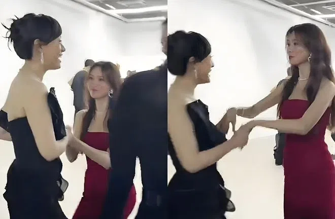 林志玲（图右）在后台向孙俪行礼，但后者却撇开眼神。（互联网）