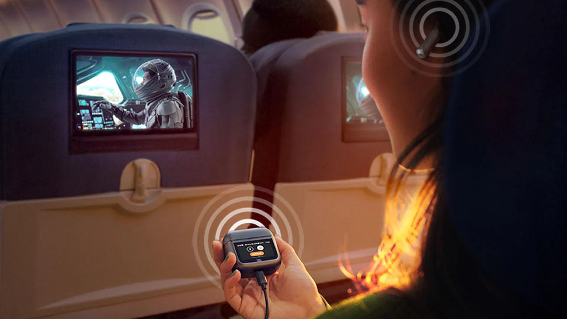 JBL Tour Pro 3充电盒可当作无线音频转发器，让用户在飞机内戴无线耳机看电影。（厂商提供）