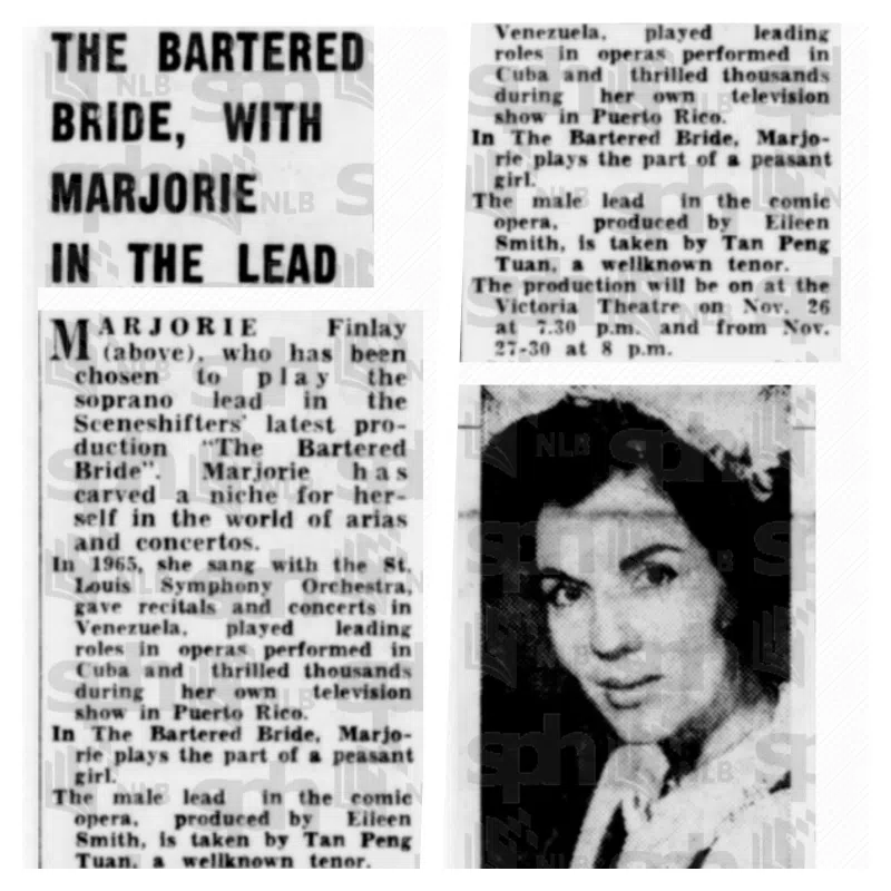新加坡《海峡时报》1968年11月21日曾报道Marjorie Finlay在维多利亚剧院演出歌剧《被出卖的新娘》（The Bartered Bride）的新闻。（NLB档案照）
