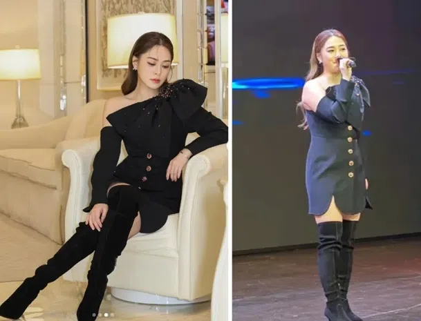 阿娇在巡演时（右图）经常被网民吐槽发胖。（互联网）