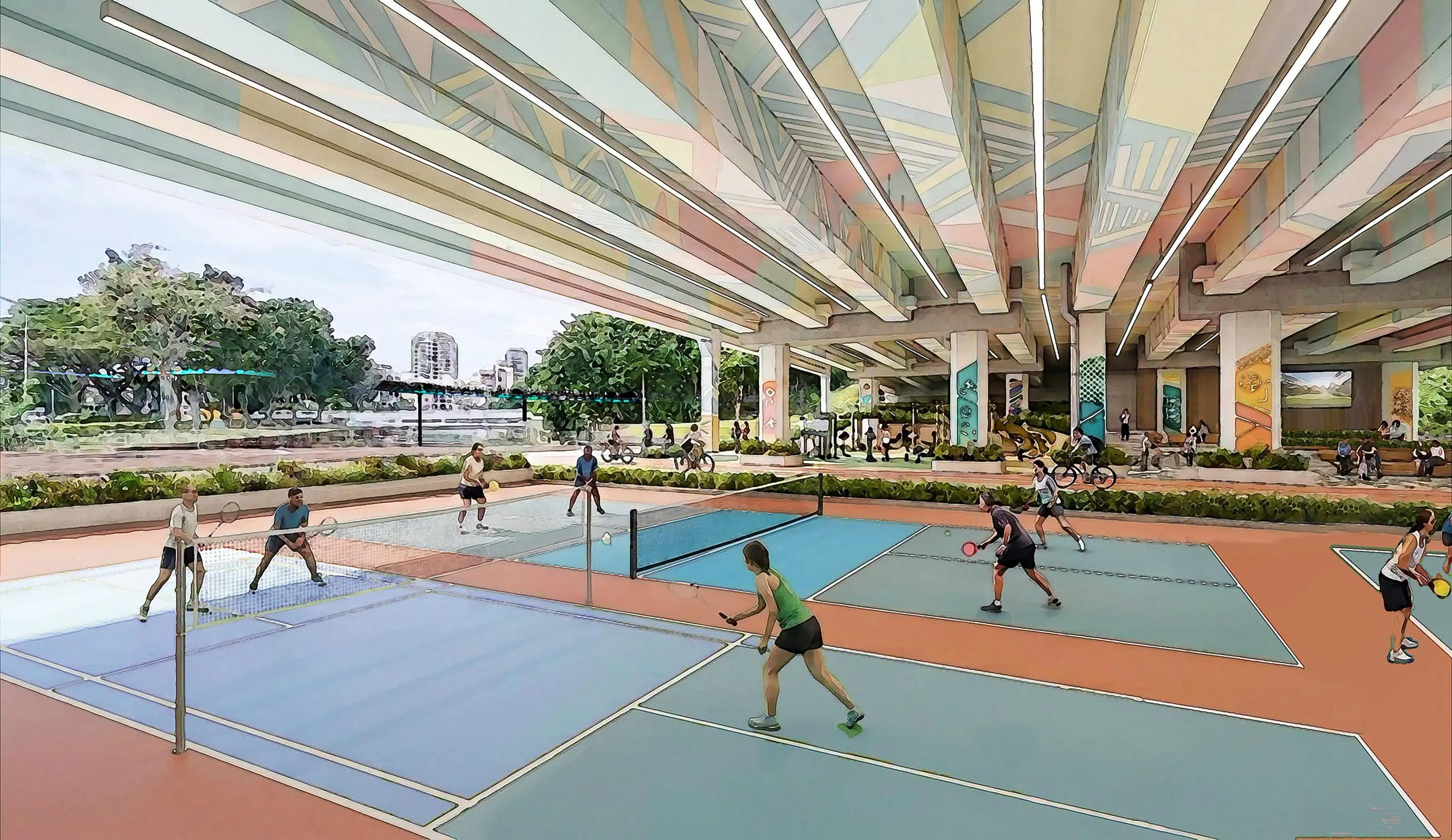 市建局正研究启用中央快速公路（CTE）沿线黄埔高架桥下方的开放空间，建设体育休闲设施，例如可供匹克球及其他运动使用的多用途球场。（AI生成示意图／市区重建局提供）