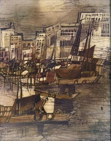 佘金裕峇迪作品《新加坡河上的驳船》。（集菁艺社提供）