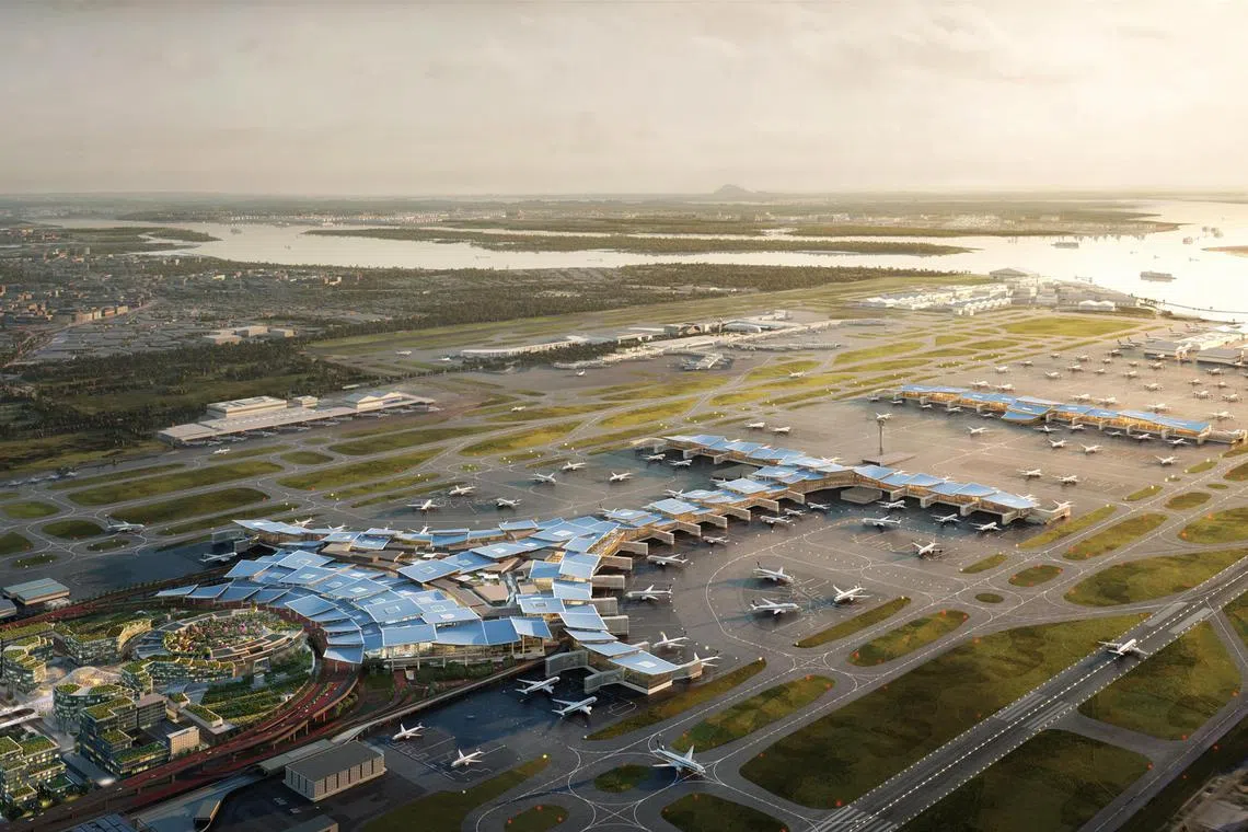 第五搭客大厦（T5）预计2030年代中期完成。投入运作后，每年可接待的乘客多达5000万人次，使机场总客容量增至1.4亿人次，增幅约56%。（樟宜机场集团构想图）