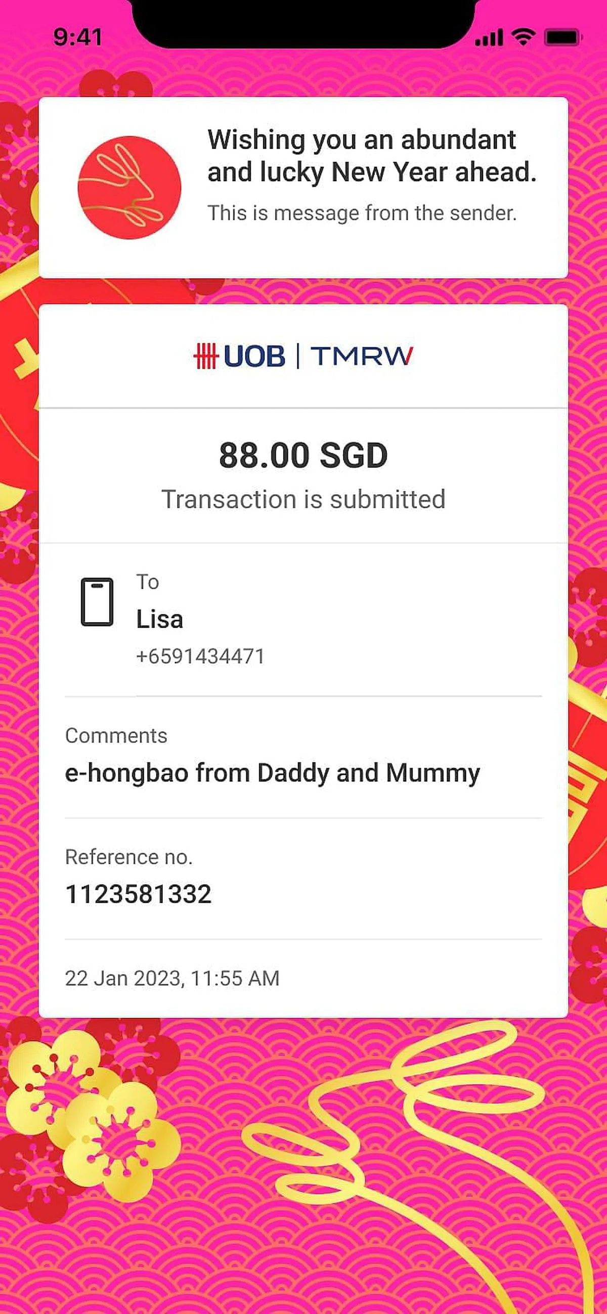 电子红包可让公众派发8.88元和88元等好兆头的款额。大华银行的数据显示，以今年为例，2月份的8.88元转账次数是1月份的四倍，而1月临近佳节，已是其他月份平均的两倍多。（大华银行提供）