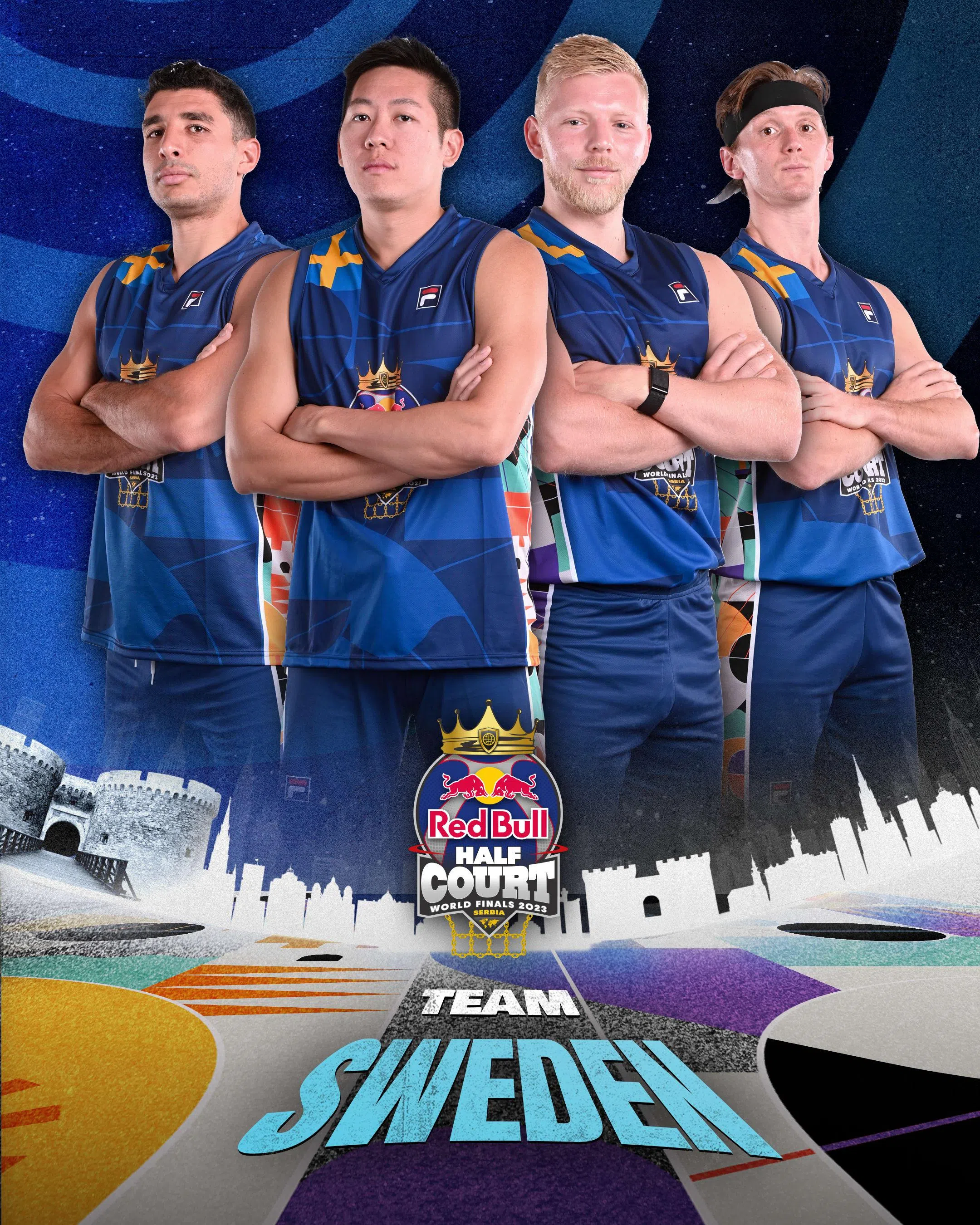 红牛国际三人街头篮球赛瑞典战队合影，左二为我国男篮前国家队球员刘主光。（受访者提供）