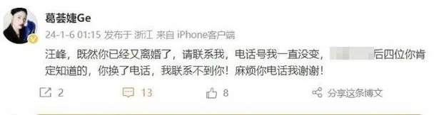 葛荟婕发文叫汪峰联络他传两人复合。（互联网）