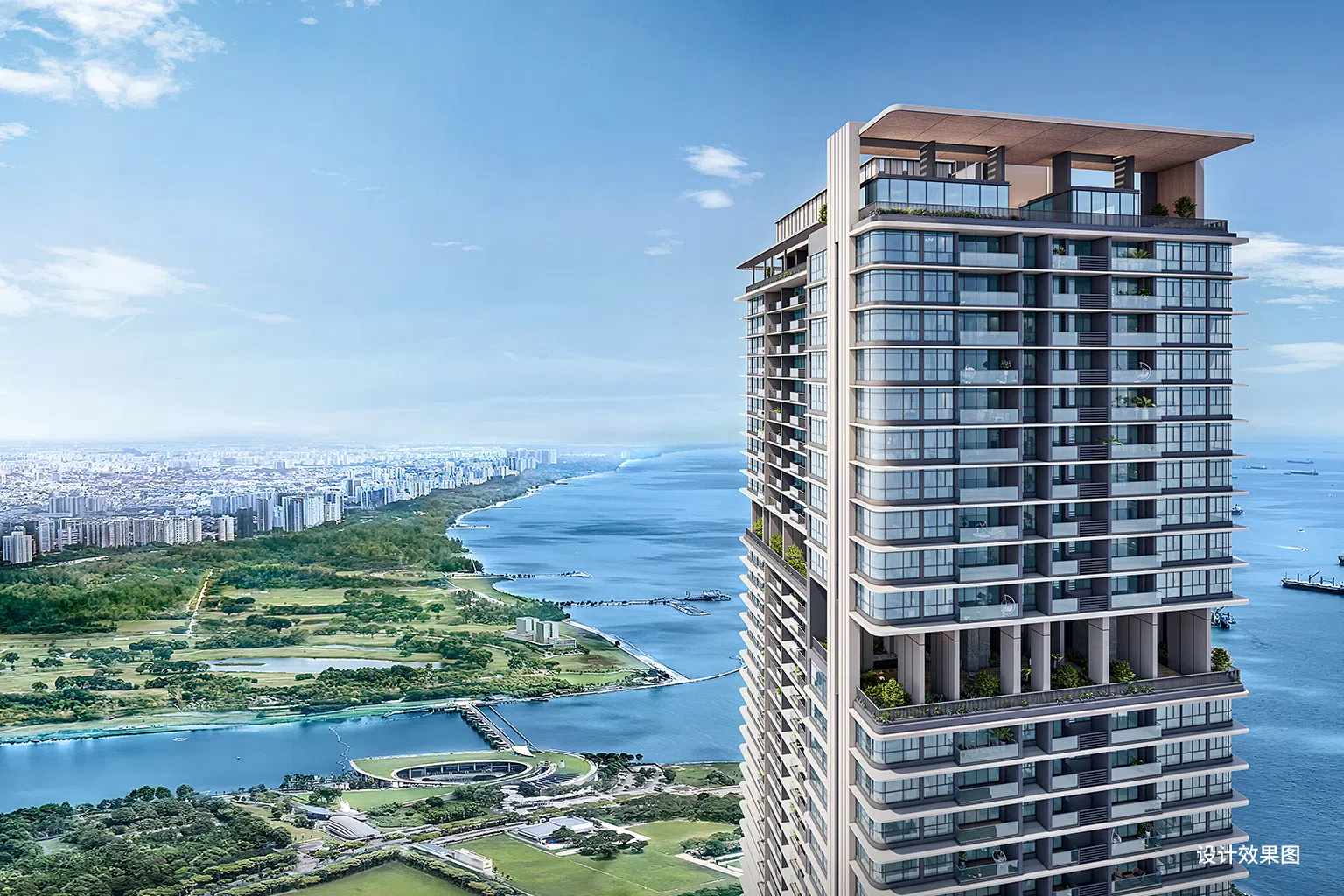 依水而立，绿意盎然——滨海花园一号住户可欣赏到紧邻滨海蓄水池与新加坡海峡，以及滨海湾花园的美景。（设计效果图/鑫丰地产提供）