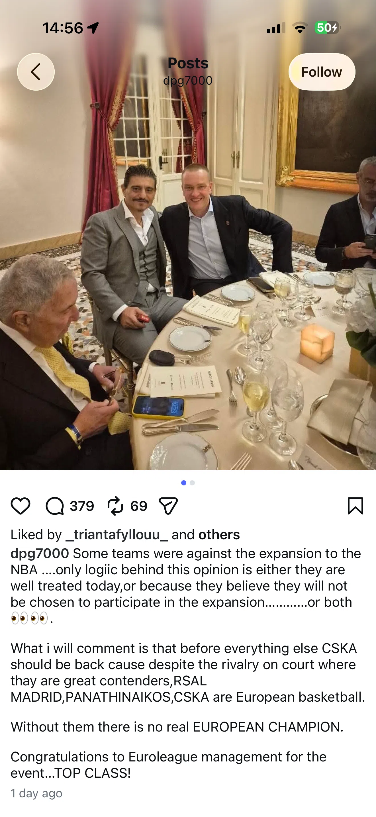 吉安纳科波罗斯在社交媒体Instagram上发文，呼吁欧洲球会与NBA展开合作。（截图自Instagram）