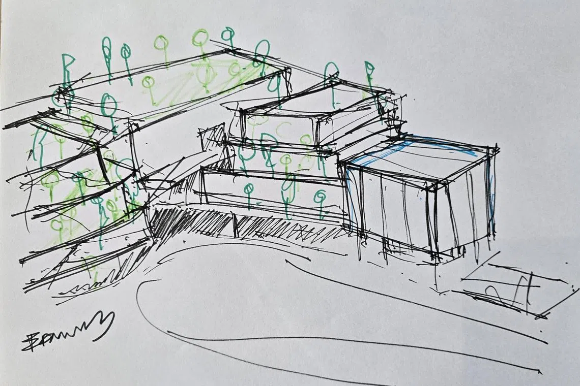 这是建筑师黄建煌为如切区新综合发展项目的设计初稿。建筑外墙将覆盖绿植，层叠的露台呼应了如切曾是种植园的历史。设计还包括多个开放的共享空间，供居民聚集、散步或休息。（受访者提供）