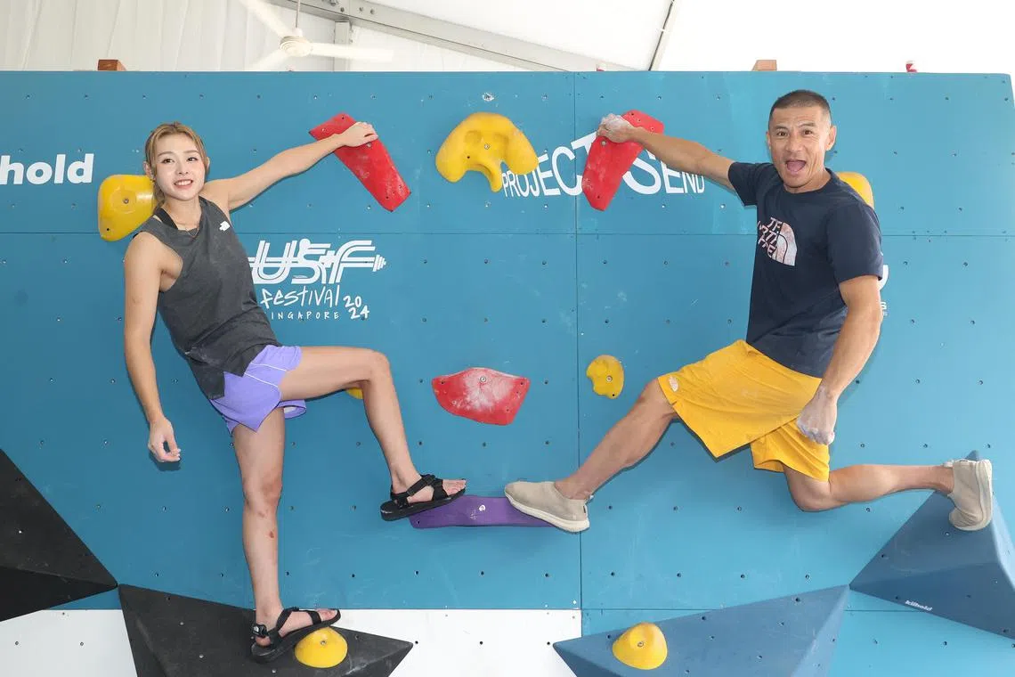 日本攀岩好手平山裕示（右）与伊藤双叶都来为节日助力，希望了解新加坡本土攀岩文化。（唐家鸿摄）