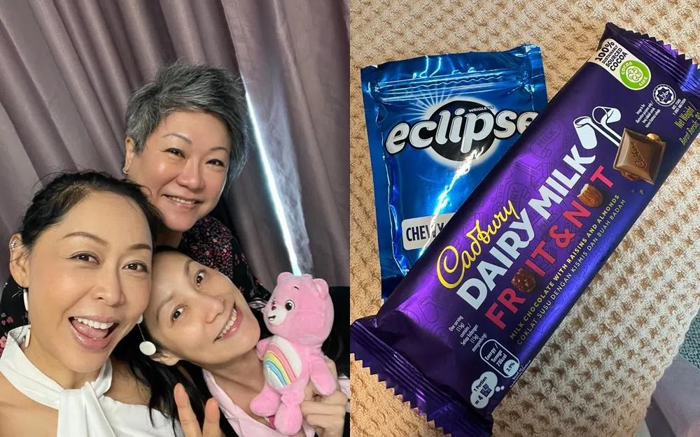 吉娜（左图前右）住院期间，薛素珊（前左）和郑琬龄（后者）一起探病。葛米星还带了她喜欢的薄荷糖和巧克力（右图）。  （受访者提供）