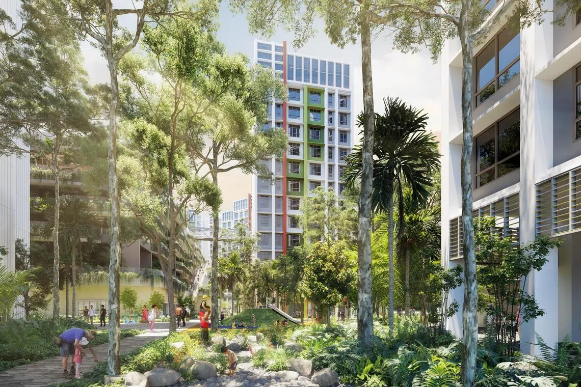 连接两个预购组屋项目的“雨林步道”绿意盎然，通过种植不同品种的植物，打造能吸引鸟儿和蝴蝶的生态环境。（建屋局提供构想图）