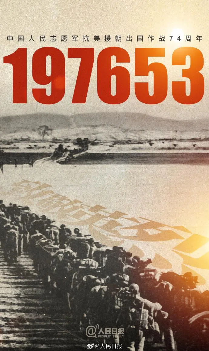 中国《人民日报》星期五（10月25日）在微博发贴文，纪念中国人民志愿军抗美援朝74周年。（互联网）