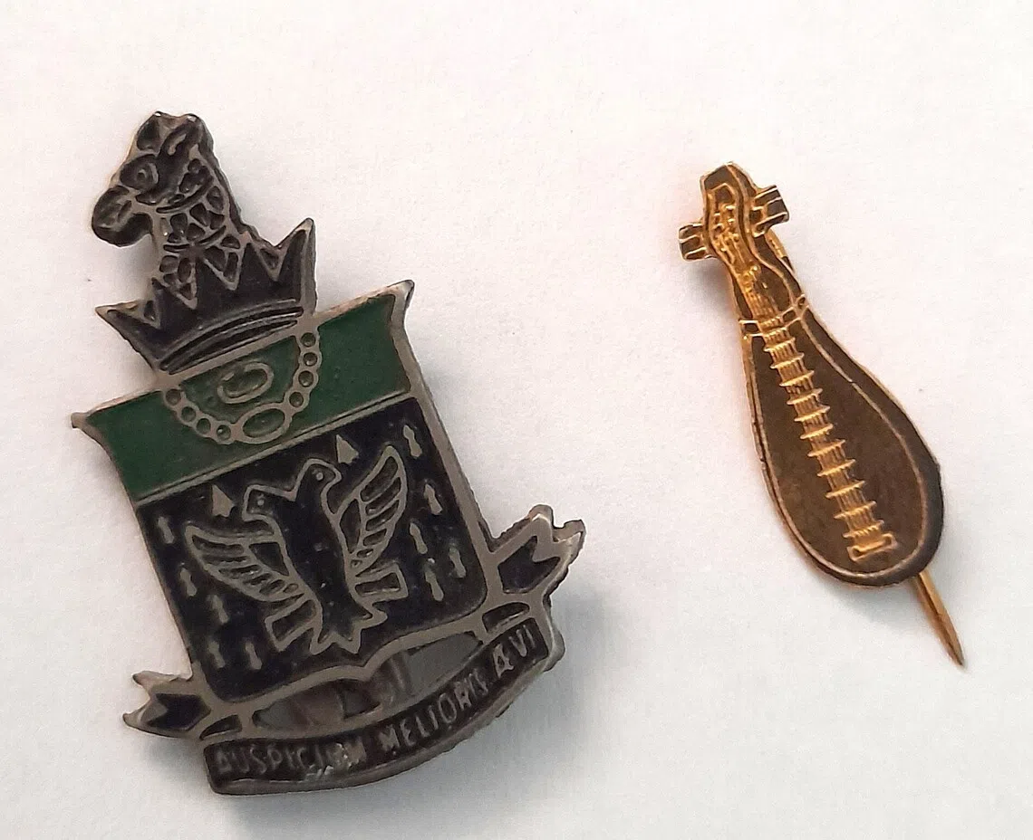 莱佛士书院校徽（左）与华乐团徽针。（作者提供）