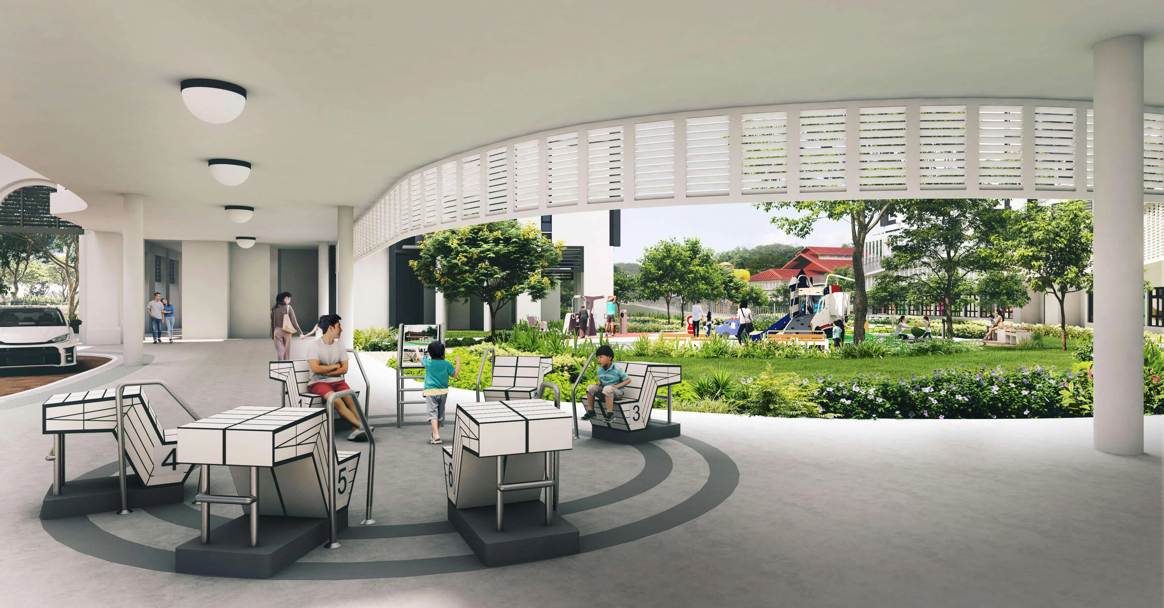 旧警察学院的奥林匹克游泳池是建国总理李光耀在1972年建议建造的，并于1977年正式启用。新组屋区将保留游泳池的起跳台，并改造为居民等候上下车的座椅。（建屋局构想图）