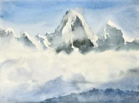 王金成犹如水墨画的水彩画《尼泊尔安纳布尔纳峰》（1996）。（集菁艺社提供）