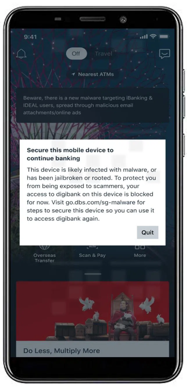 一旦侦测到恶意软件，反恶意软件工具将限制客户使用手机应用，直到客户采取必要措施确保手机安全后，才能继续使用应用。（星展银行提供）
