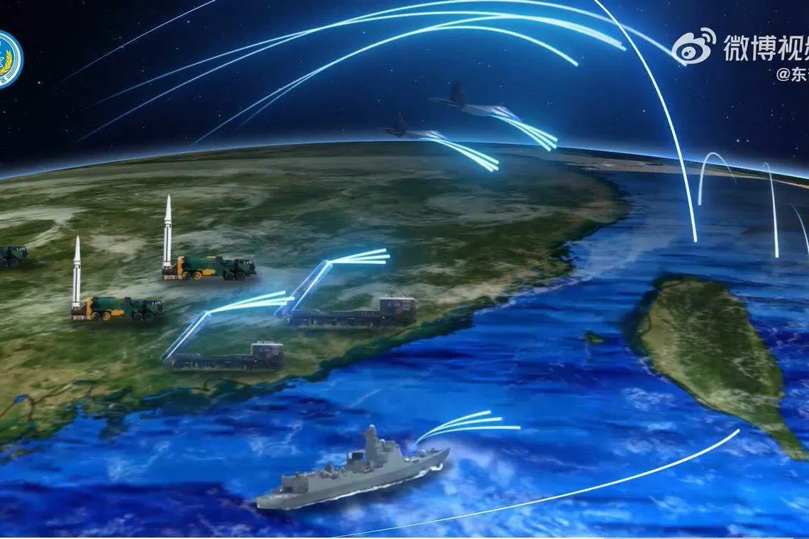 东部战区星期一（4月10日）早上发布视频，视频包含了动画图像显示中国大陆军方朝台湾展开弹药射击。（东部战区官方微博视频截图）