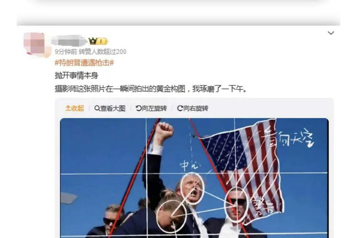 美联社摄影师、普利策奖得主武奇（Evan Vucci）拍摄的特朗普被枪击后高举拳头的照片，被中国网民称为“特朗普人生照片”，纷纷讨论其构图和拍摄方法。（互联网）