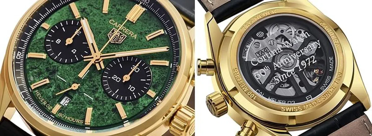 左图是为庆贺高登金禧，泰格豪雅推出独特的水沫玉表盘Carrera Heuer 02限量版腕表。右图为腕表机芯可以通过蓝宝石水晶底盖欣赏，表底刻有”Cortina Watch 50th Anniversary Since 1972“字样。（图/商家提供）