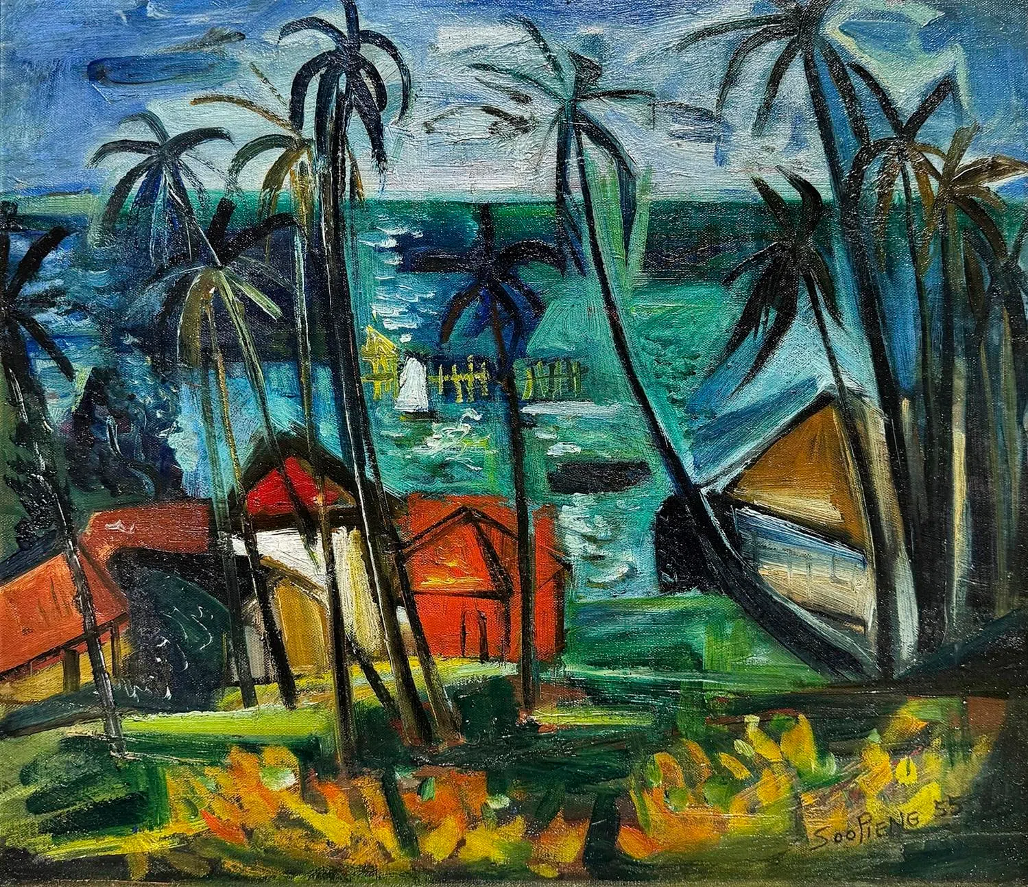 新加坡锺四宾油画《海边甘榜》（1955）。（集菁艺社提供）