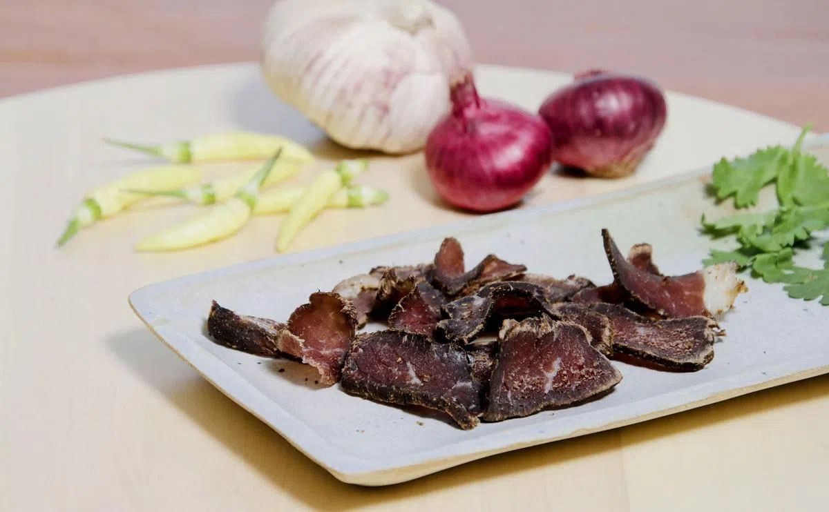 南非肉干又称“biltong”，在荷兰文里是肉条的意思。（林国明摄）