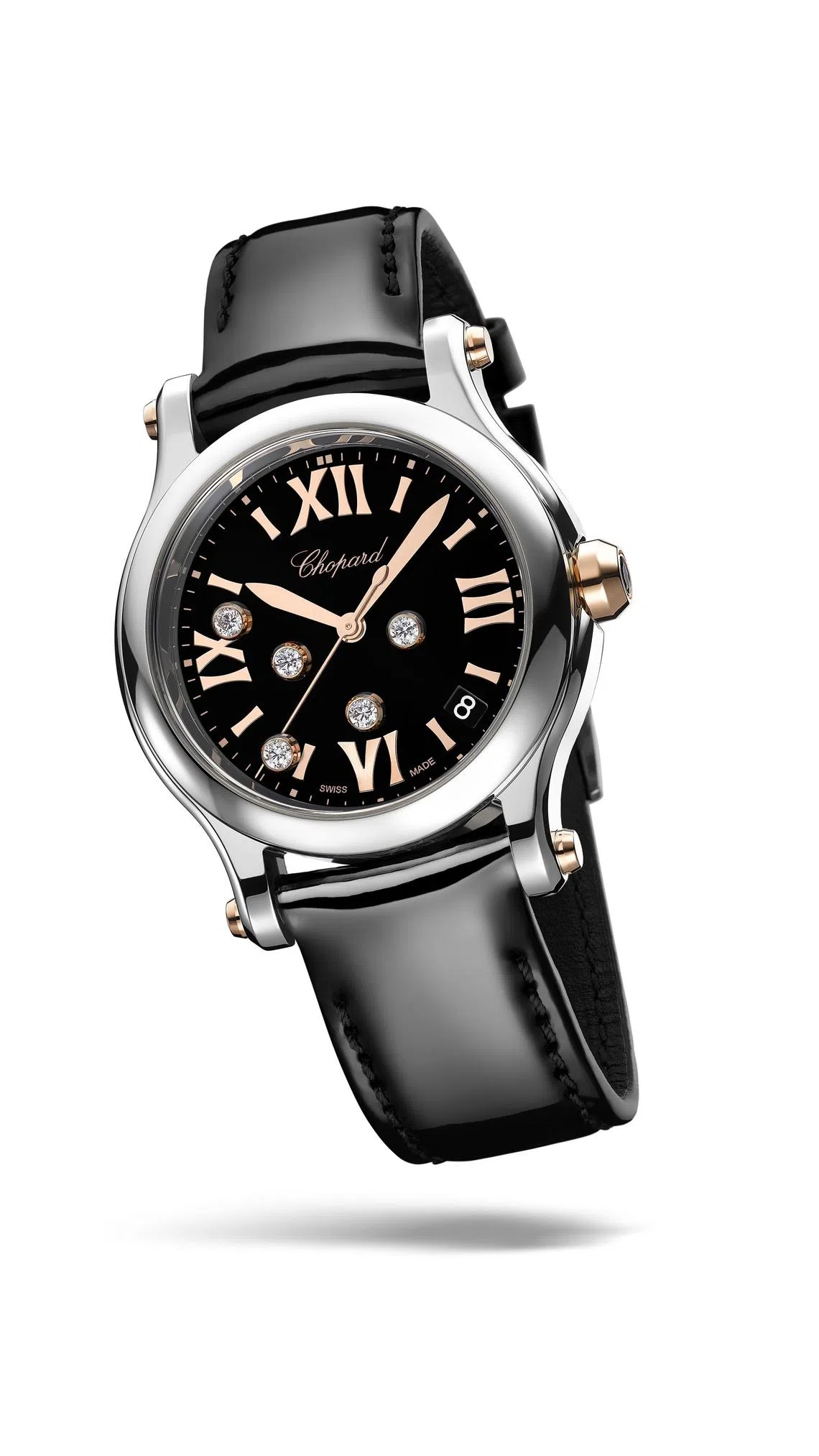 Happy Sport全新腕表采用全黑外观设计，并在表冠上镶嵌一颗缟玛瑙。（萧邦提供）